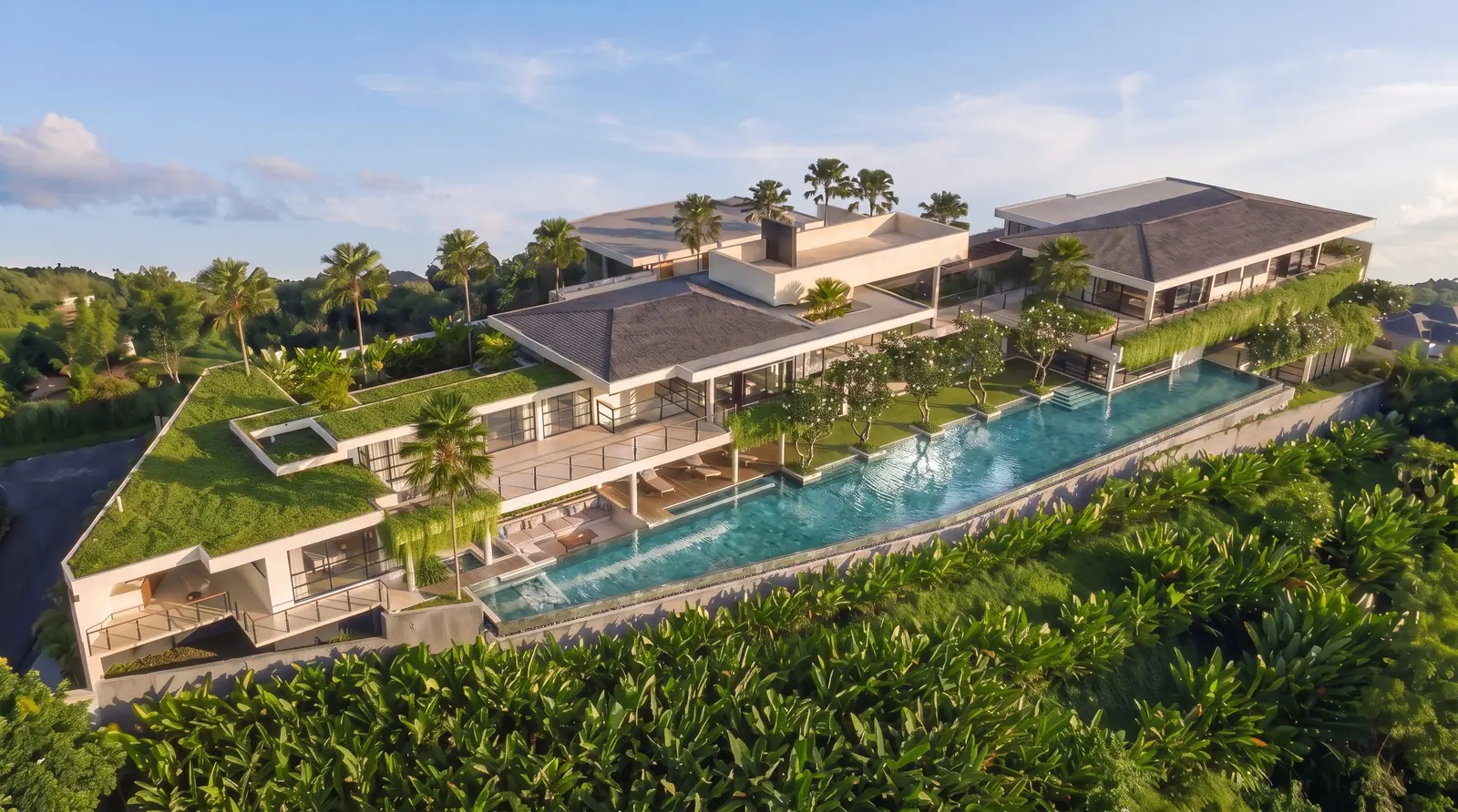 Aerial View · Pitched Roofs & Lap Pool